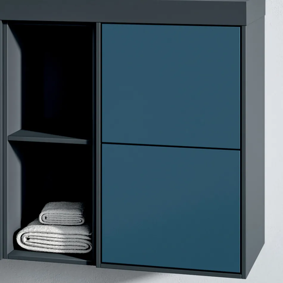 Composizione Bagno con 4 Cassetti Blu Avio, Specchio e Lavabo - Velaria Viadurini