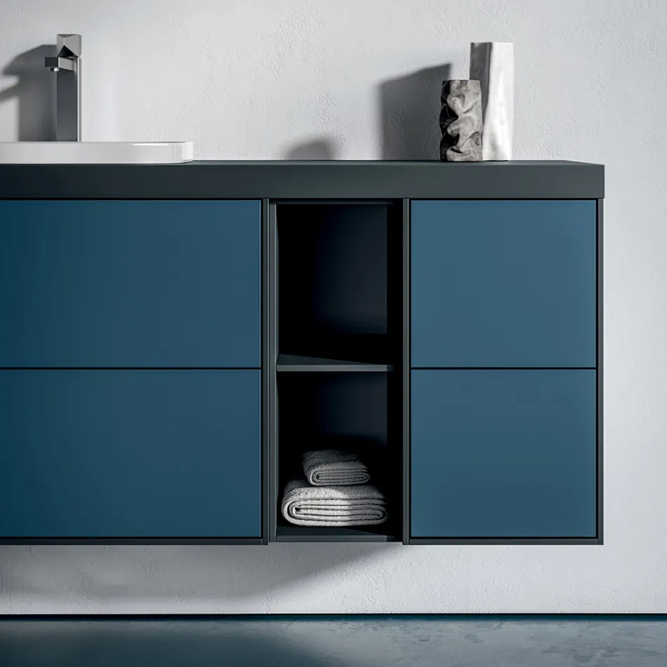 Composizione Bagno con 4 Cassetti Blu Avio, Specchio e Lavabo - Velaria Viadurini