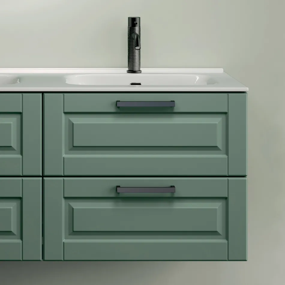 Composizione Bagno con 4 Cassetti Verde Salvia, Specchio e Lavabi - Magnolia Viadurini