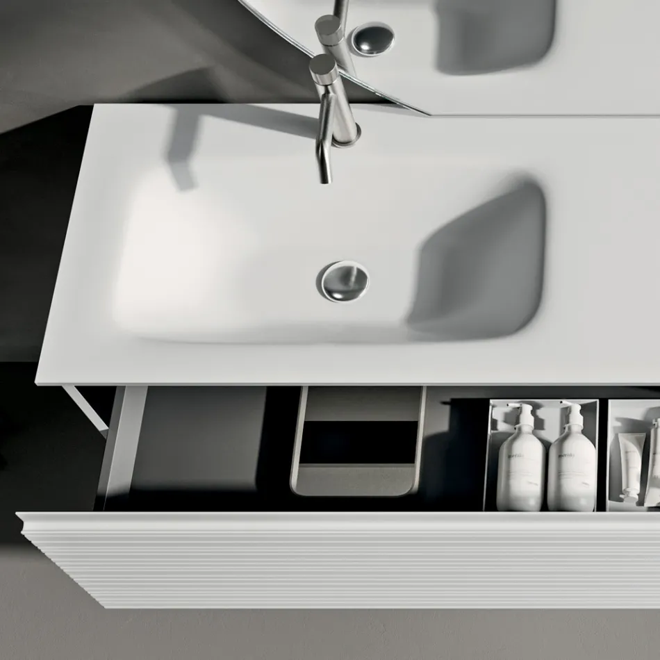 Composizione Bagno con Cassetti, Lavabo in Ceramica e Specchio Led - Elios Viadurini