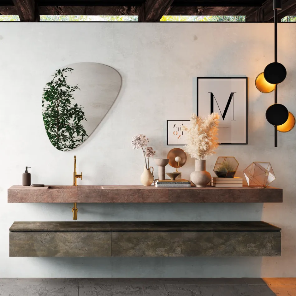 Composizione Bagno con Specchio Moderno e Lavabo Consolle Made in Italy - Palom Viadurini