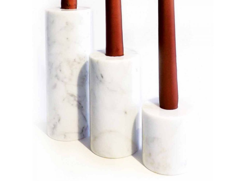 Composizione di 3 Portacandele in Marmo Bianco di Carrara Made in Italy - Astol Viadurini