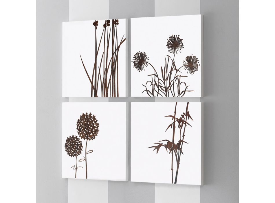 Composizione di 4 Pannelli con Ortensie, Allium e Thypha  Made in Italy - Calcolo Viadurini