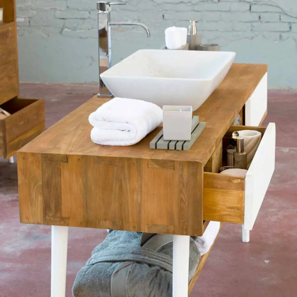 Consolle da bagno di design moderno da terra in teak naturale Pistoia Viadurini