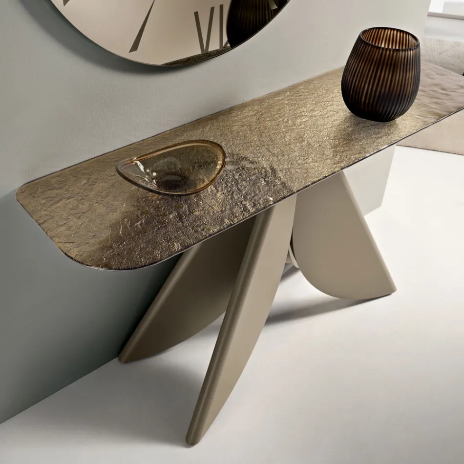 Consolle da Soggiorno in Metallo e Piano in Vetro Martellato Retroargentato - Cristina Viadurini