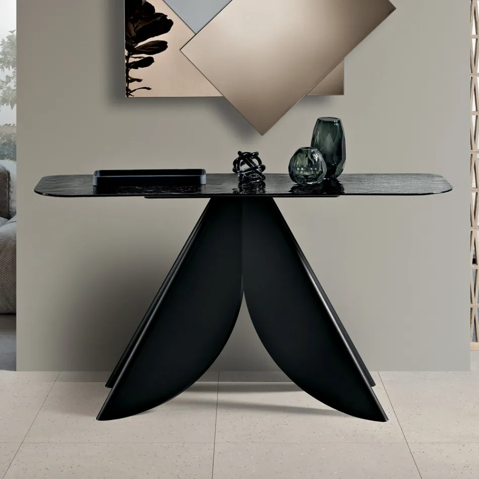 Consolle da Soggiorno in Metallo e Piano in Vetro Martellato Retroargentato - Cristina Viadurini