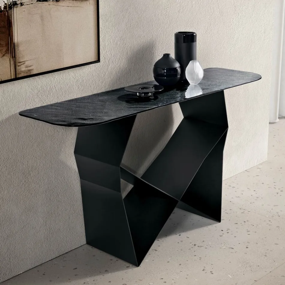 Consolle in Metallo e Piano in Vetro Martellato Retroargentato - Concordia Viadurini