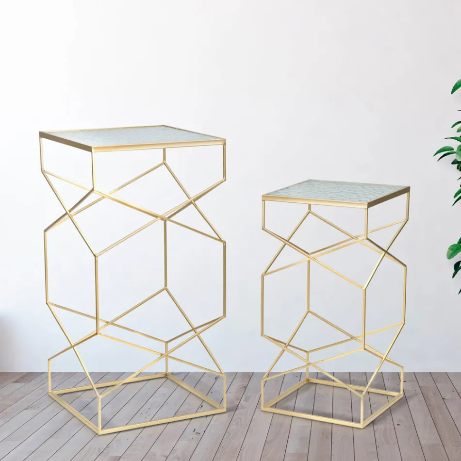 Coppia di Tavolini Portatelefono Quadrati in Ferro Dorato e Piano in Vetro - Pope Viadurini