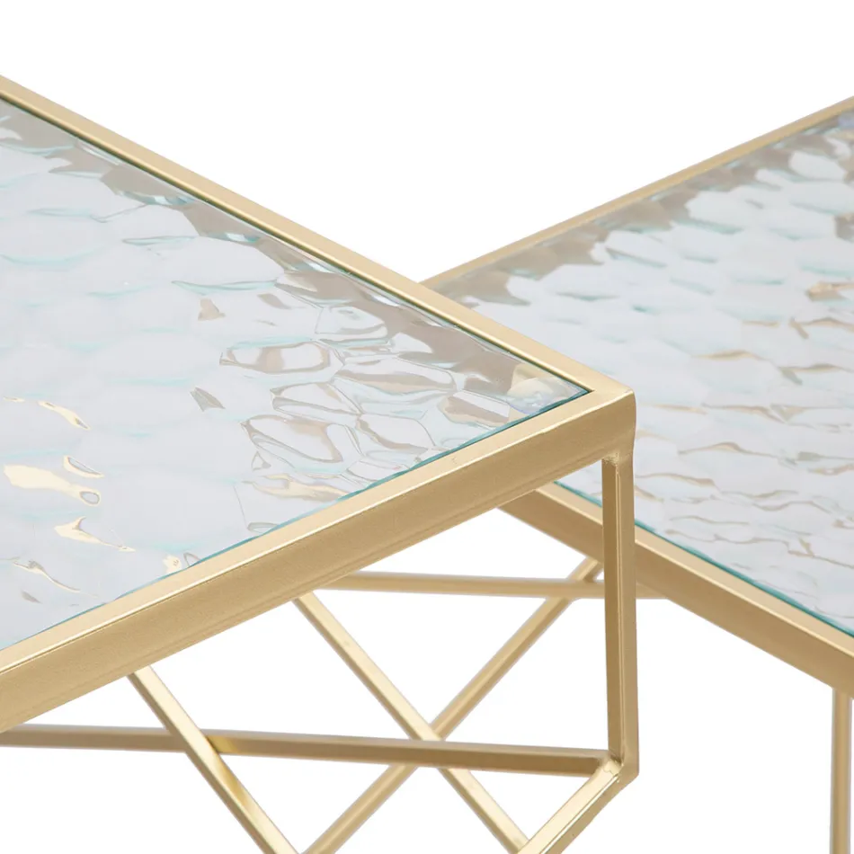 Coppia di Tavolini Portatelefono Quadrati in Ferro Dorato e Piano in Vetro - Pope Viadurini