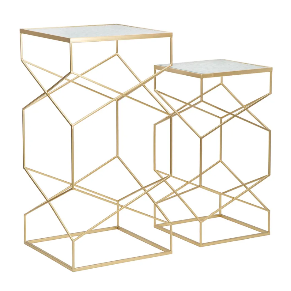 Coppia di Tavolini Portatelefono Quadrati in Ferro Dorato e Piano in Vetro - Pope Viadurini