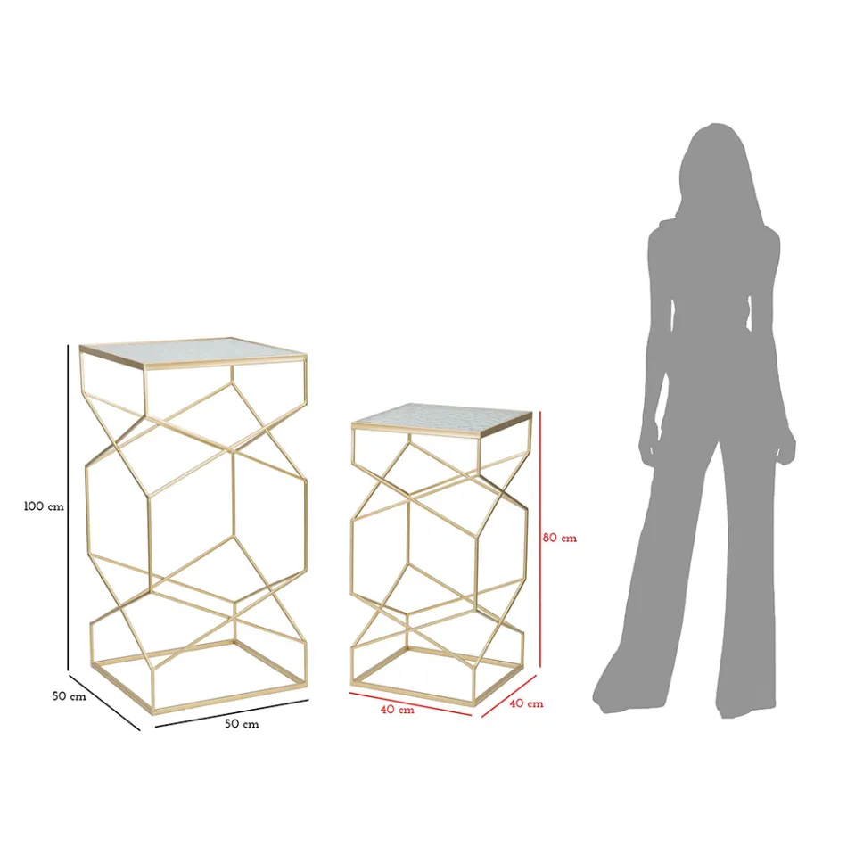 Coppia di Tavolini Portatelefono Quadrati in Ferro Dorato e Piano in Vetro - Pope Viadurini
