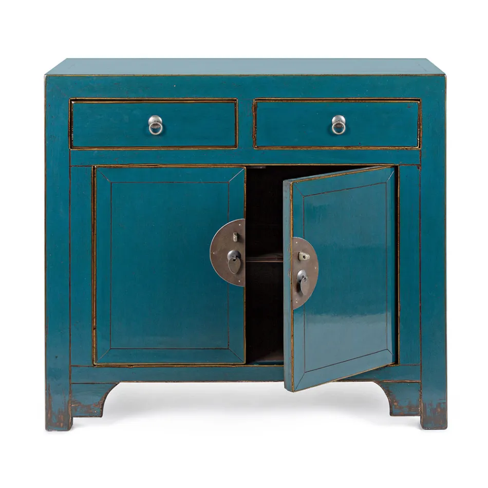 Credenza Bassa 2 Ante e 2 Cassetti in Legno di Olmo Blu Homemotion - Konan Viadurini