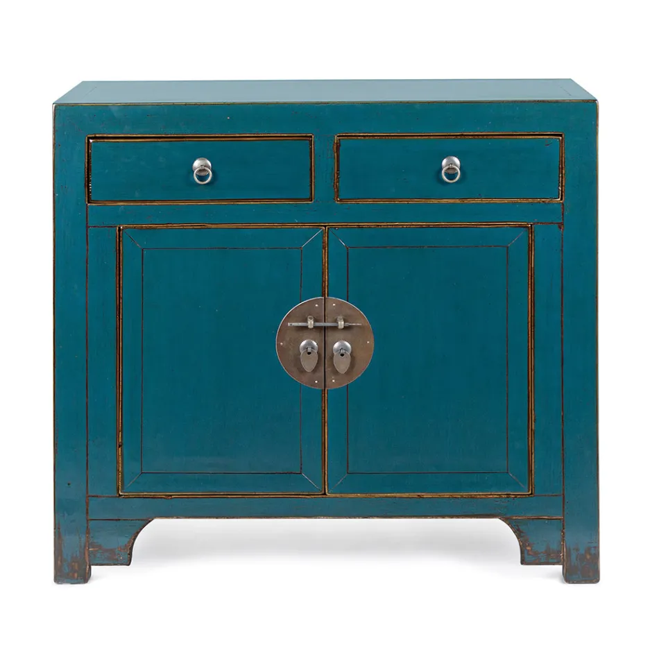 Credenza Bassa 2 Ante e 2 Cassetti in Legno di Olmo Blu Homemotion - Konan Viadurini