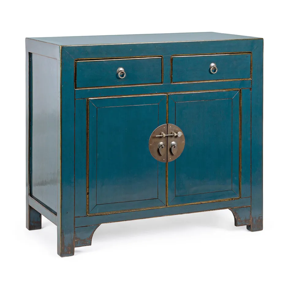 Credenza Bassa 2 Ante e 2 Cassetti in Legno di Olmo Blu Homemotion - Konan Viadurini