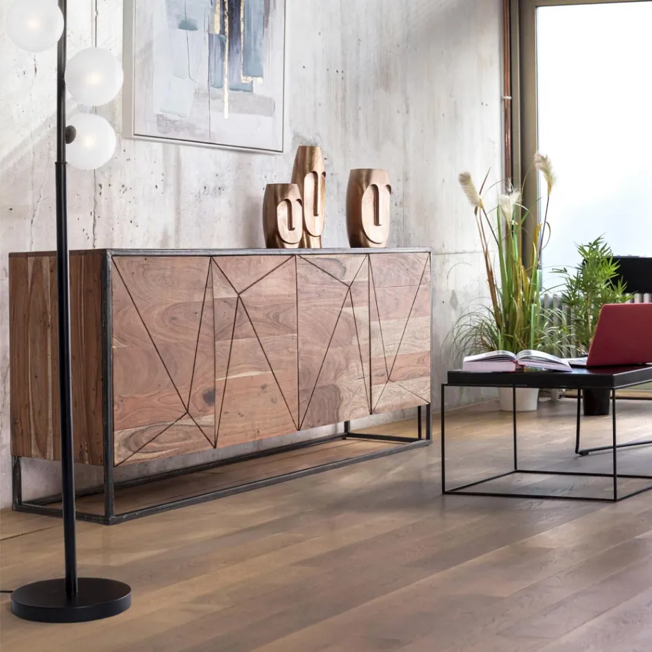 Credenza in Legno di Acacia e Acciaio 3 o 4 Ante Homemotion - Cristoforo Viadurini
