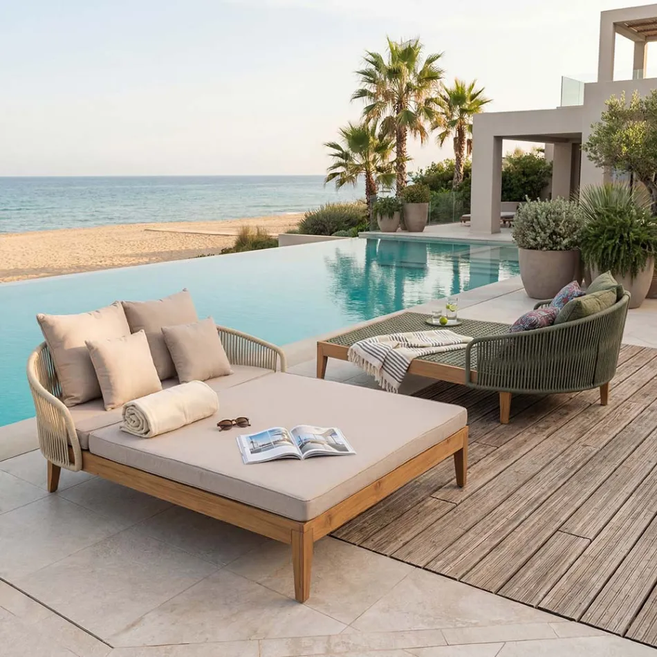 Daybed da Giardino in Teak, Alluminio, Corda e Cuscini - Jacub Viadurini