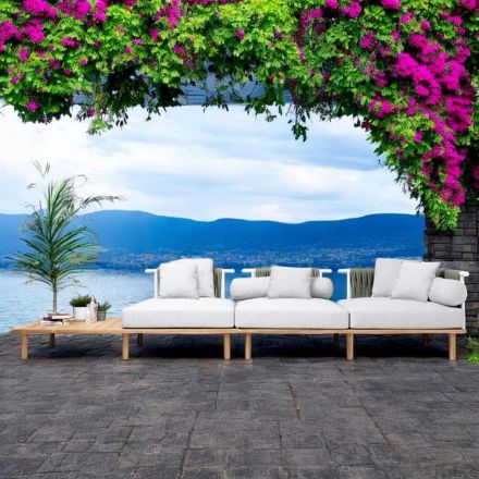 Divano 4 Posti in Teak, Intreccio in Corda e Cuscini - Bellatrix Viadurini