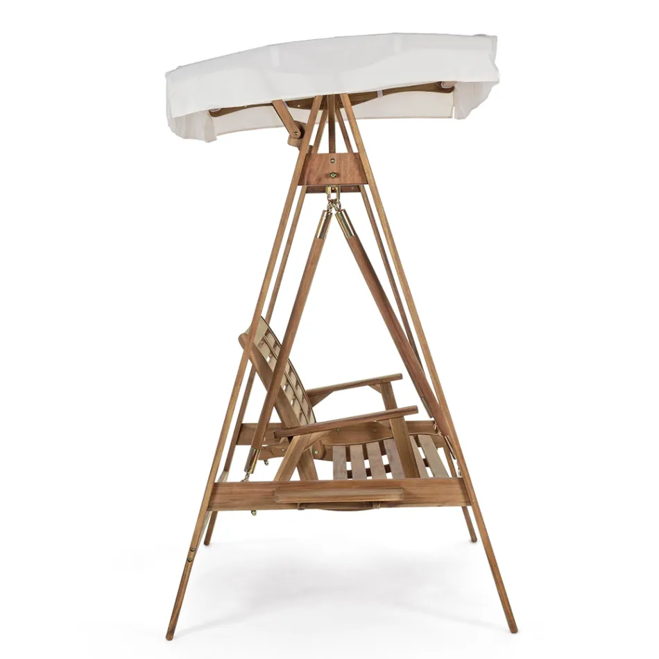 Divano a Dondolo da Giardino 2 Posti in Legno di Acacia con Telo Bianco - Roxen Viadurini