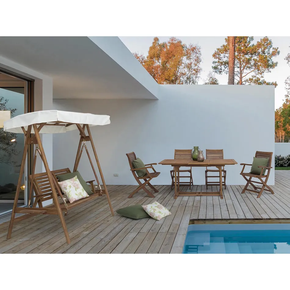 Divano a Dondolo da Giardino 2 Posti in Legno di Acacia con Telo Bianco - Roxen Viadurini