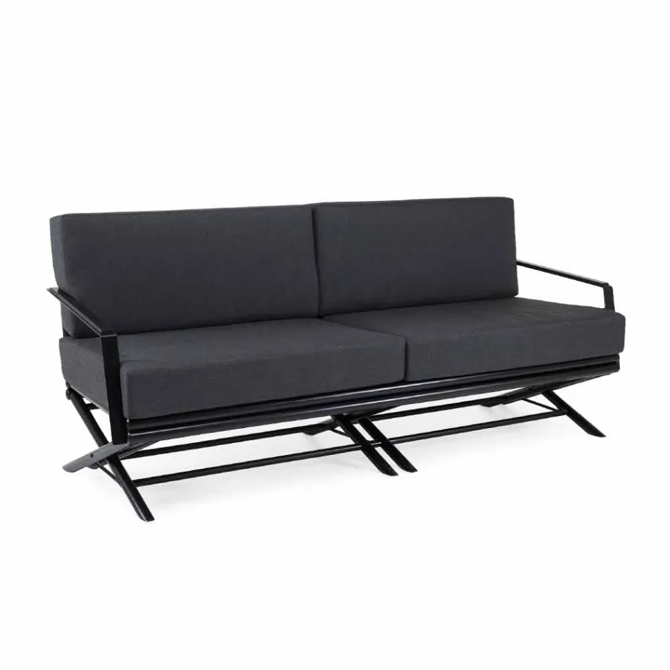 Divano da Esterno a 3 Posti in Legno Naturale o Nero e Tessuto di Lusso - Suzana Viadurini