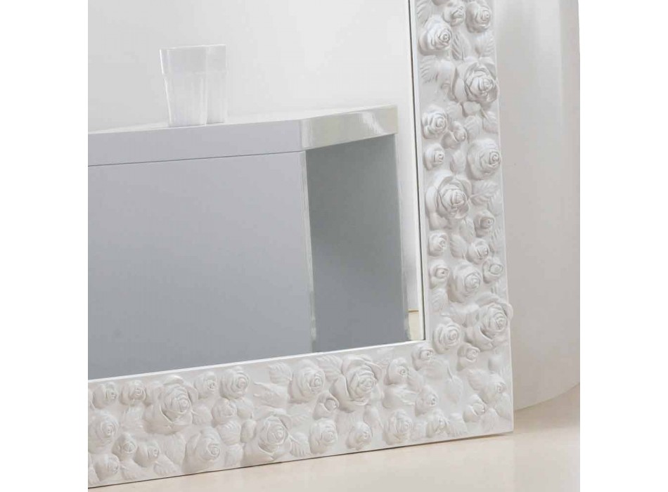 Grande specchiera bianca da terra / muro con cornice in legno Flower