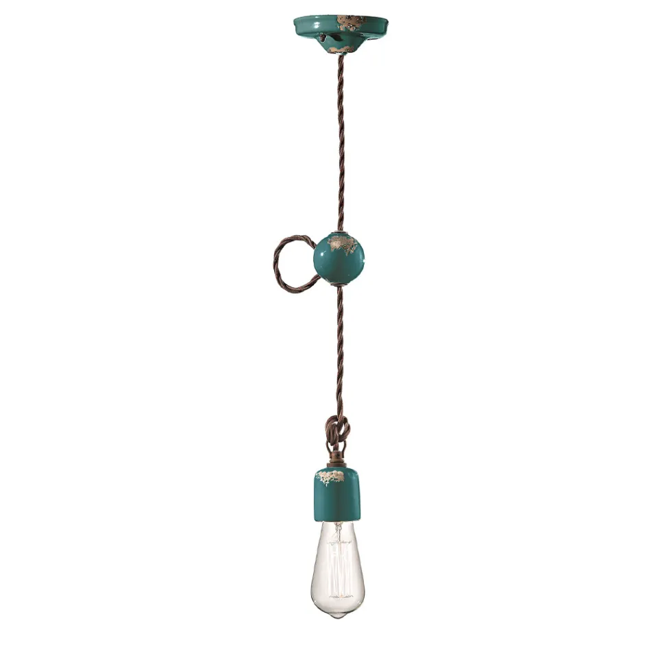 Lampada a Sospensione Artigianale Industriale in Ferro e Ceramica - Vintage Viadurini