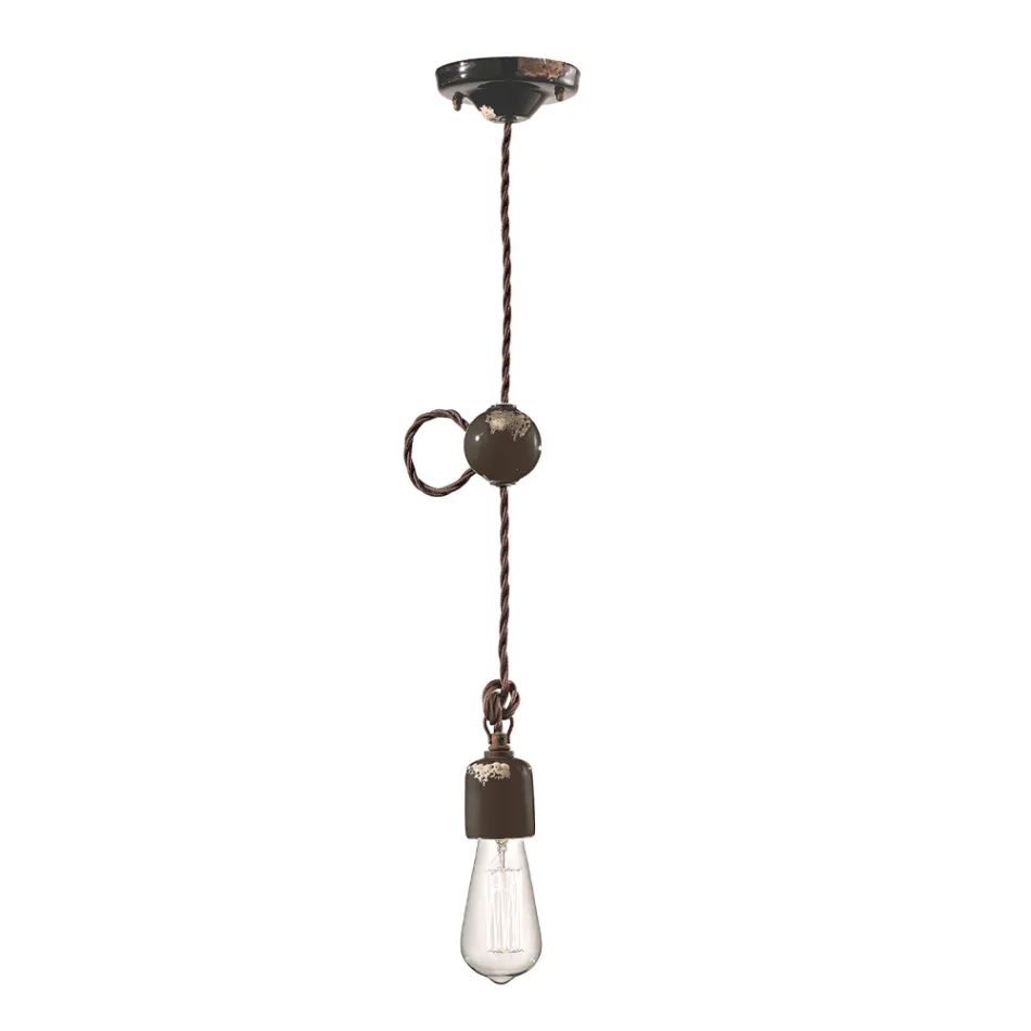 Lampada a Sospensione Artigianale Industriale in Ferro e Ceramica - Vintage Viadurini