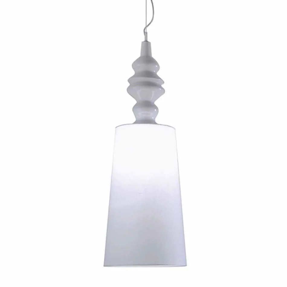Lampada a Sospensione in Ceramica Bianca Paralume in Lino Lungo Design - Cadabra Viadurini