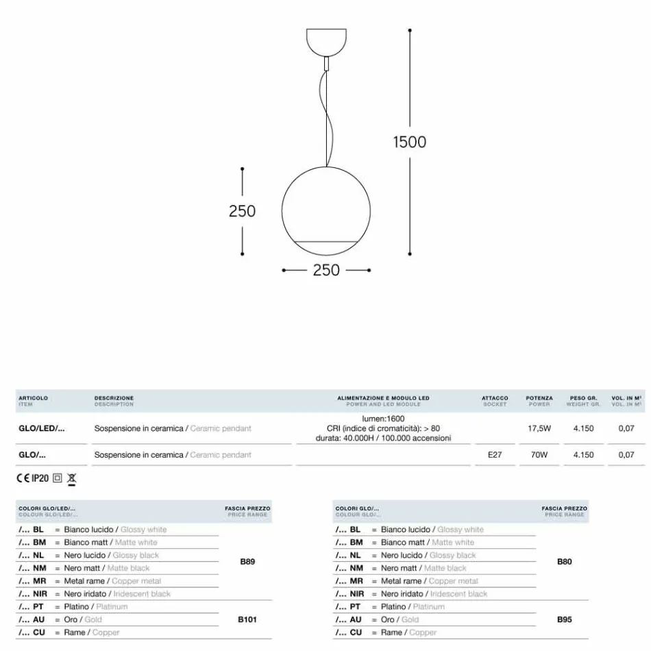 Lampada a sospensione in ceramica Globo di Aldo Bernardi Viadurini