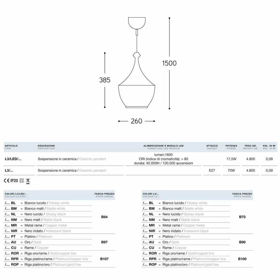 Lampada a sospensione in ceramica I Lustri 3 di Aldo Bernardi Viadurini