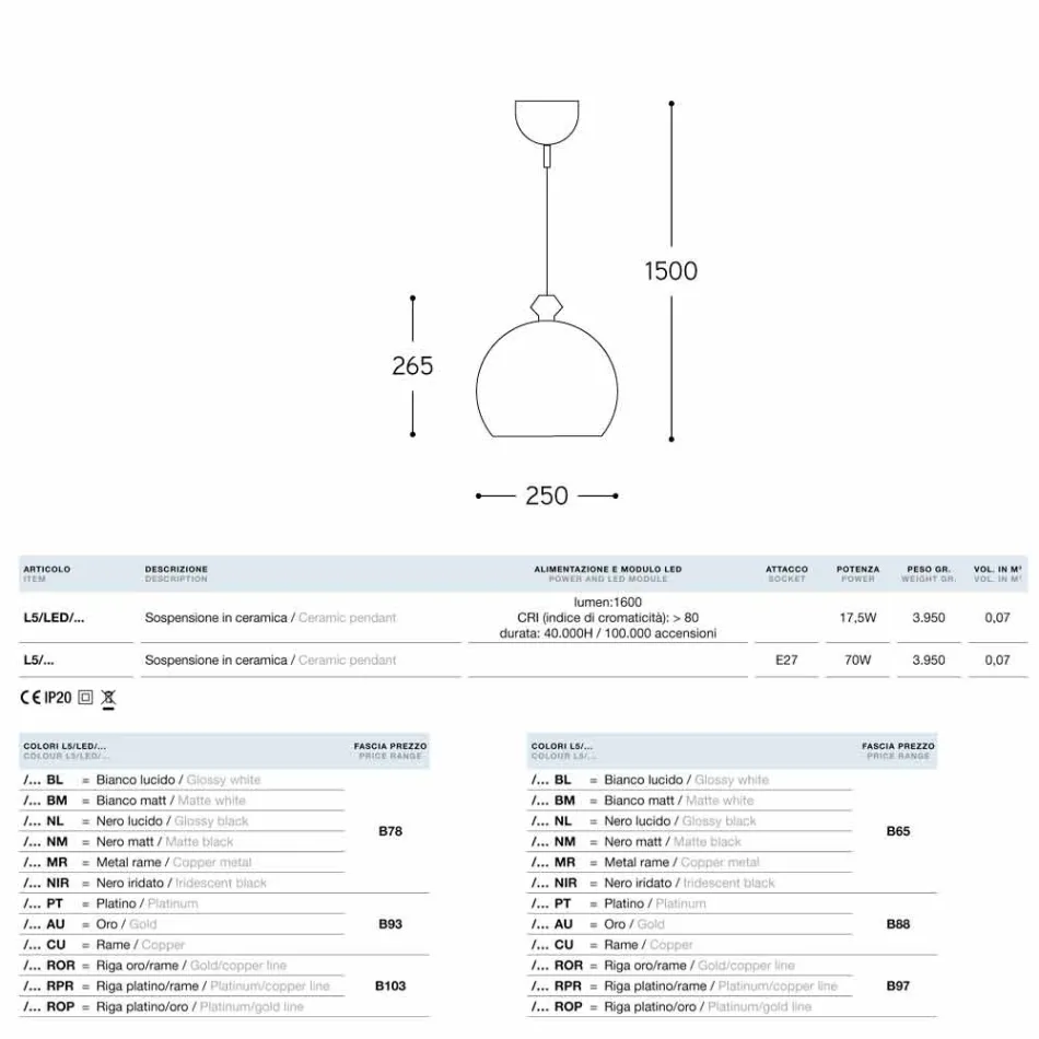 Lampada a sospensione in ceramica I Lustri 5 di Aldo Bernardi Viadurini