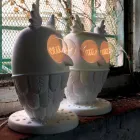 Lampada da Tavolo in Ceramica Bianca Opaca 2 Luci Design Moderno Civetta - Gufo Viadurini