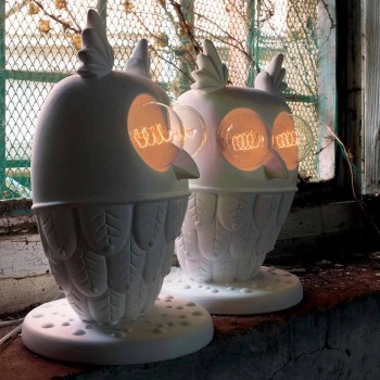 Lampada da Tavolo in Ceramica Bianca Opaca 2 Luci Design Moderno Civetta - Gufo