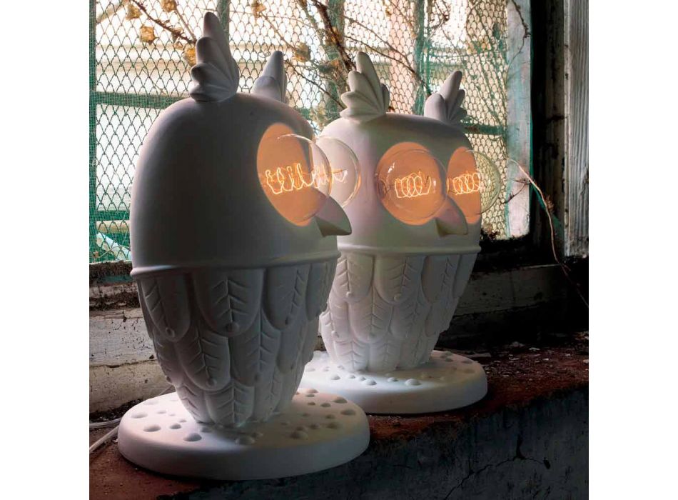 Lampada da Tavolo in Ceramica Bianca Opaca 2 Luci Design Moderno Civetta - Gufo