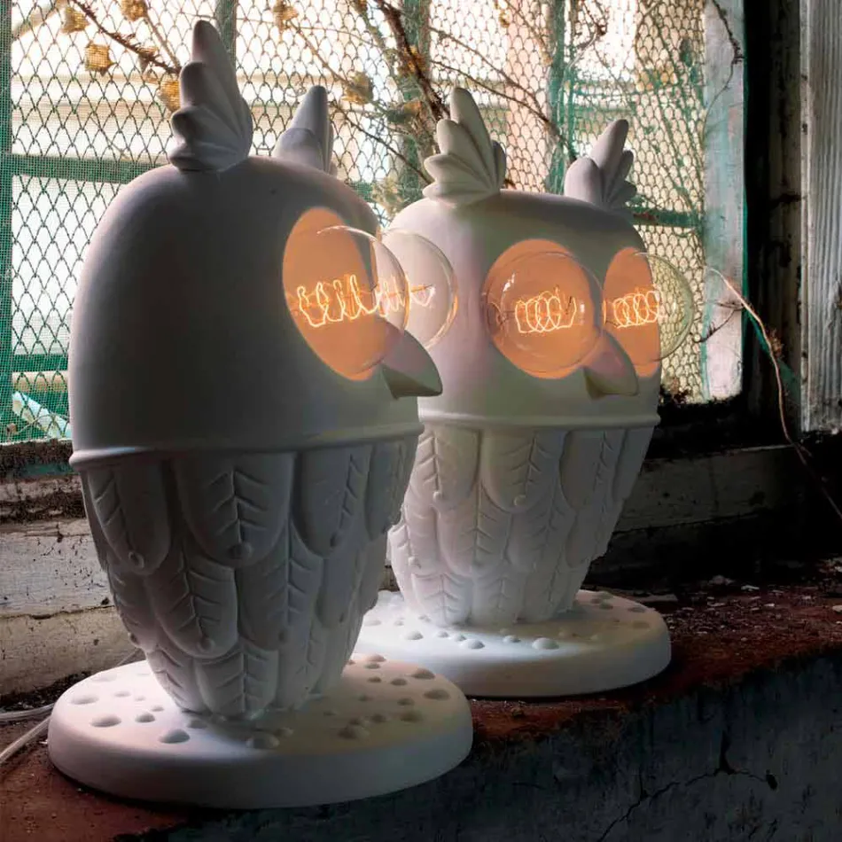Lampada da Tavolo in Ceramica Bianca Opaca 2 Luci Design Moderno Civetta - Gufo Viadurini