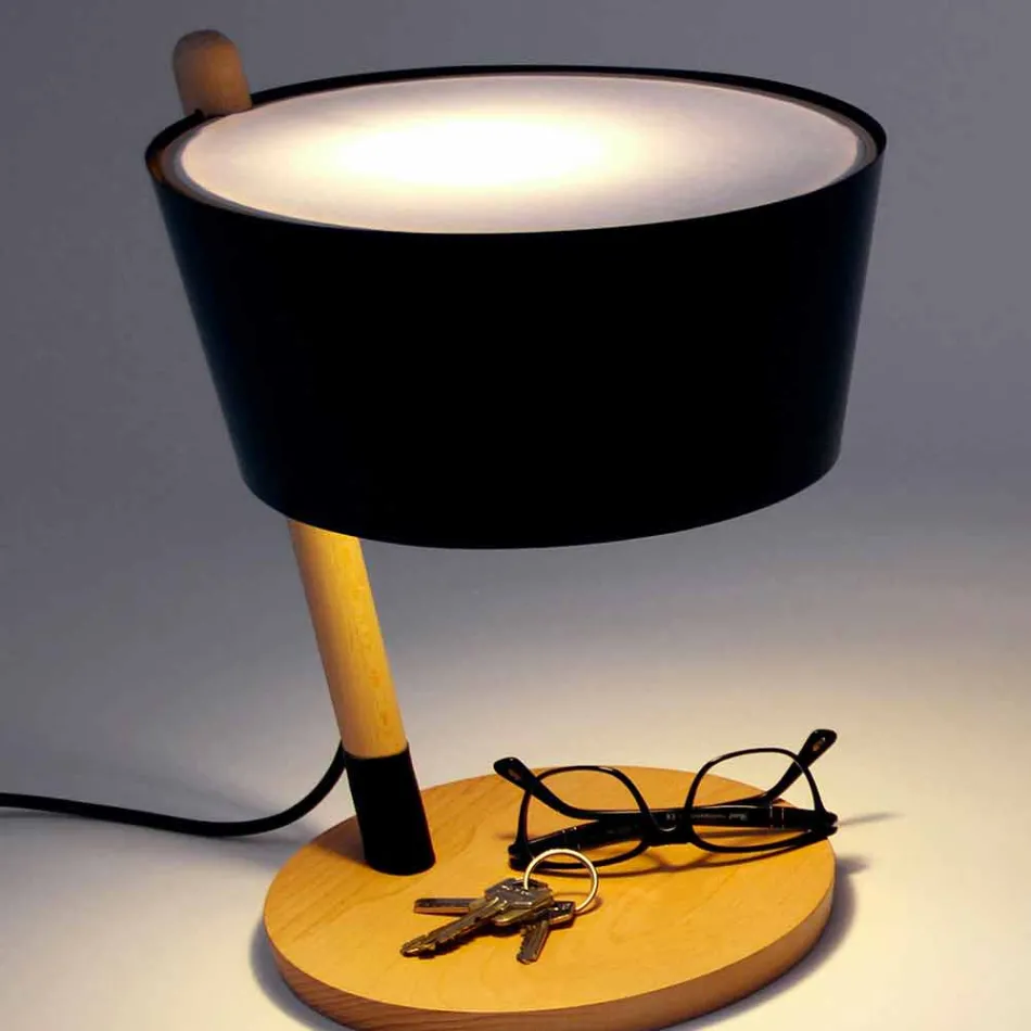 Lampada da Tavolo in Faggio con Dettagli in Metallo e Pelle Vegana - Avetta Viadurini