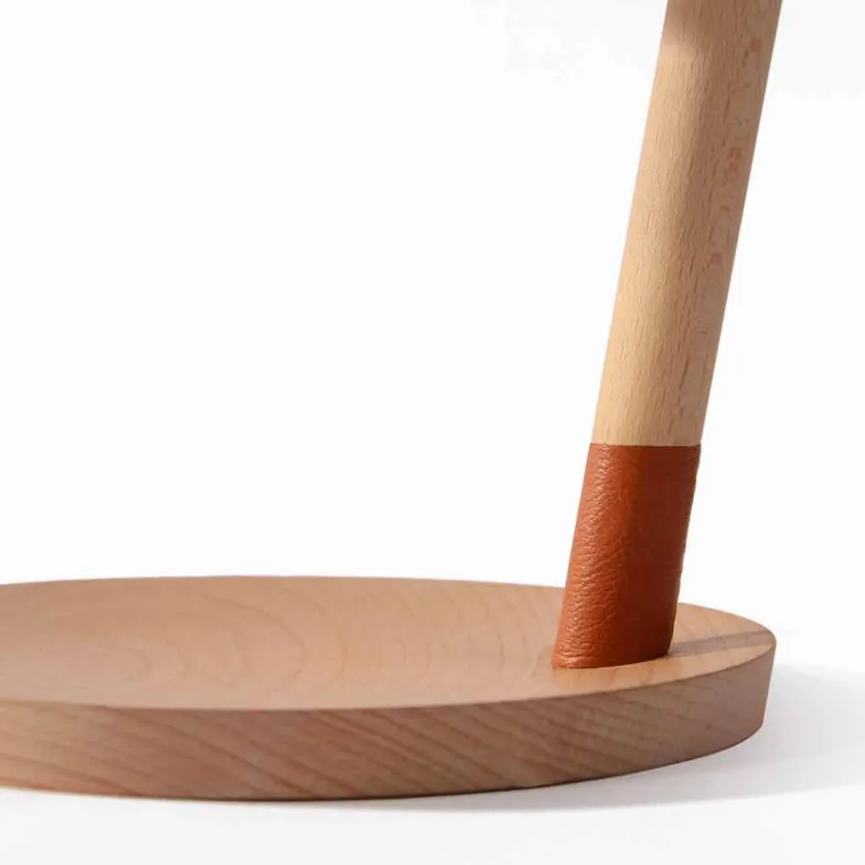 Lampada da Tavolo in Faggio con Dettagli in Metallo e Pelle Vegana - Avetta Viadurini