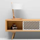 Lampada da Tavolo in Faggio con Dettagli in Metallo e Pelle Vegana - Avetta Viadurini