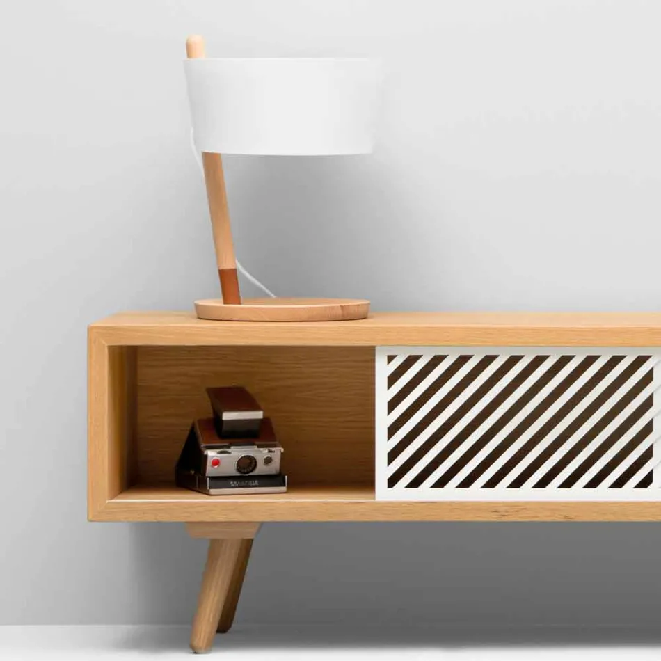 Lampada da Tavolo in Faggio con Dettagli in Metallo e Pelle Vegana - Avetta Viadurini