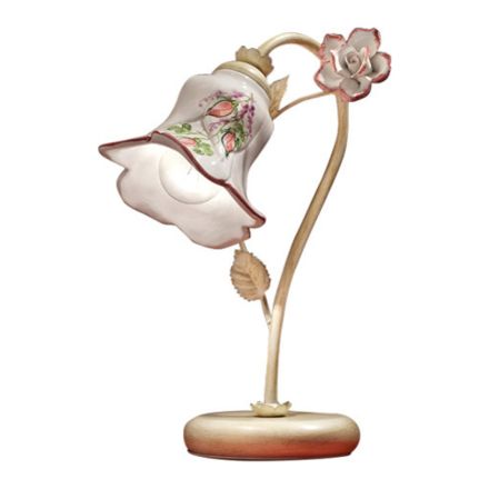 Lampada da Tavolo in Metallo e Ceramica Decorata a Mano con Rosa - Pisa Viadurini