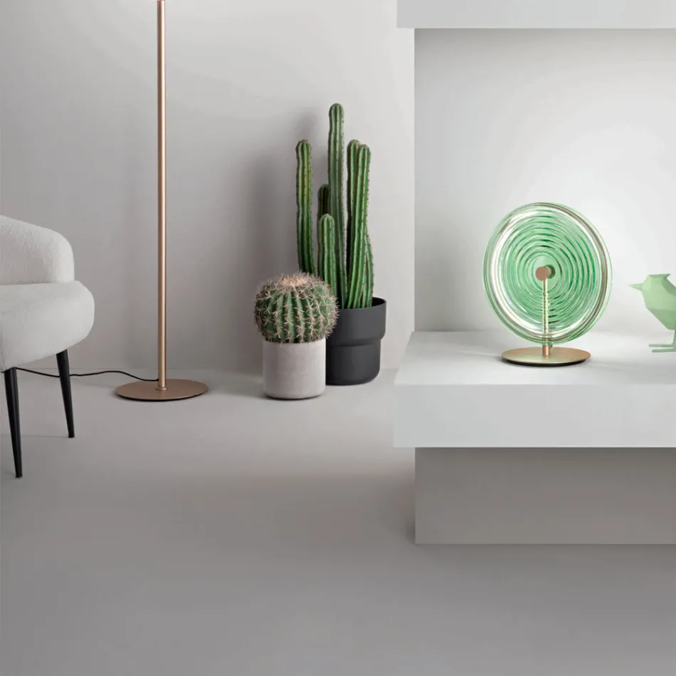 Lampada da Tavolo in Metallo e Vetro Decorato a Righe Concentriche - Bagolaro Viadurini