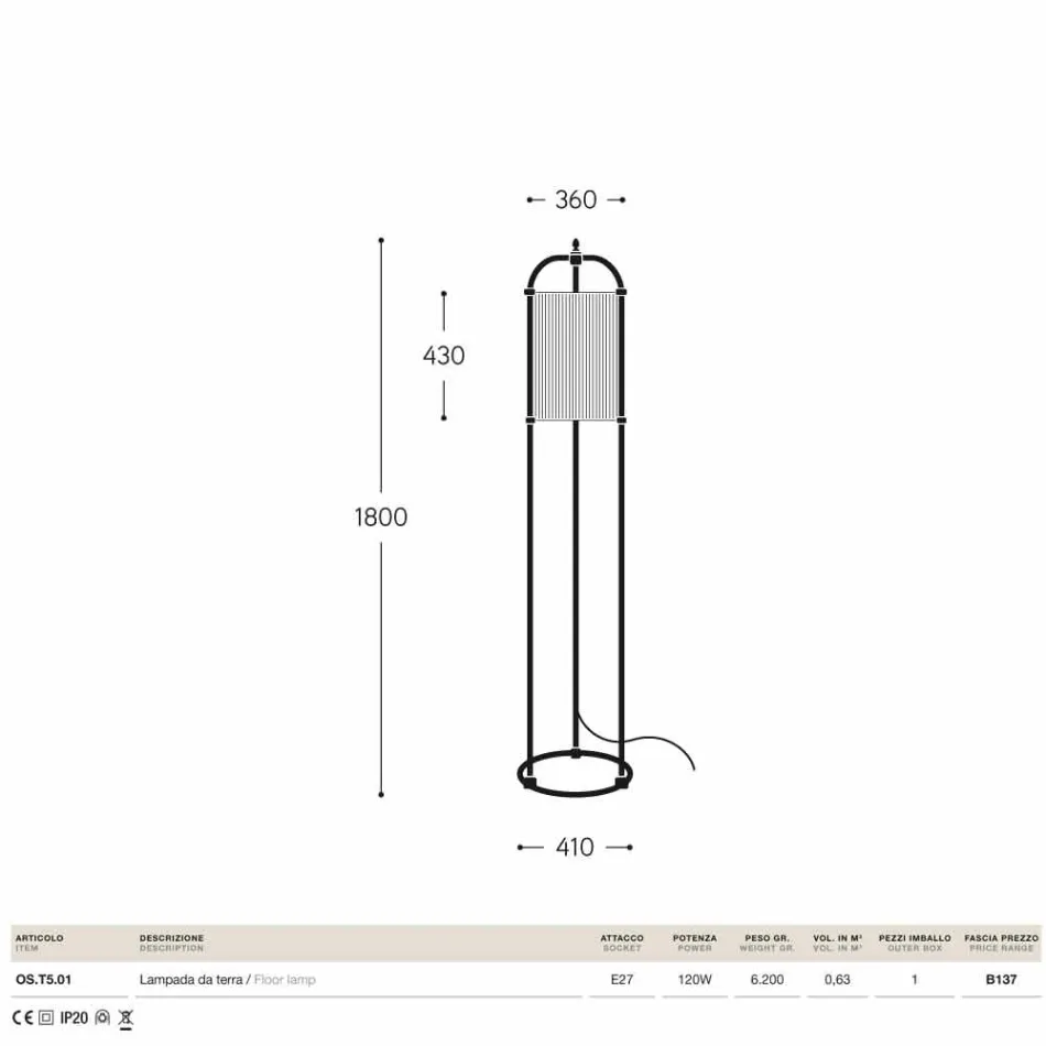 Lampada da terra classica Huà Hikà in ottone e tessuto Viadurini