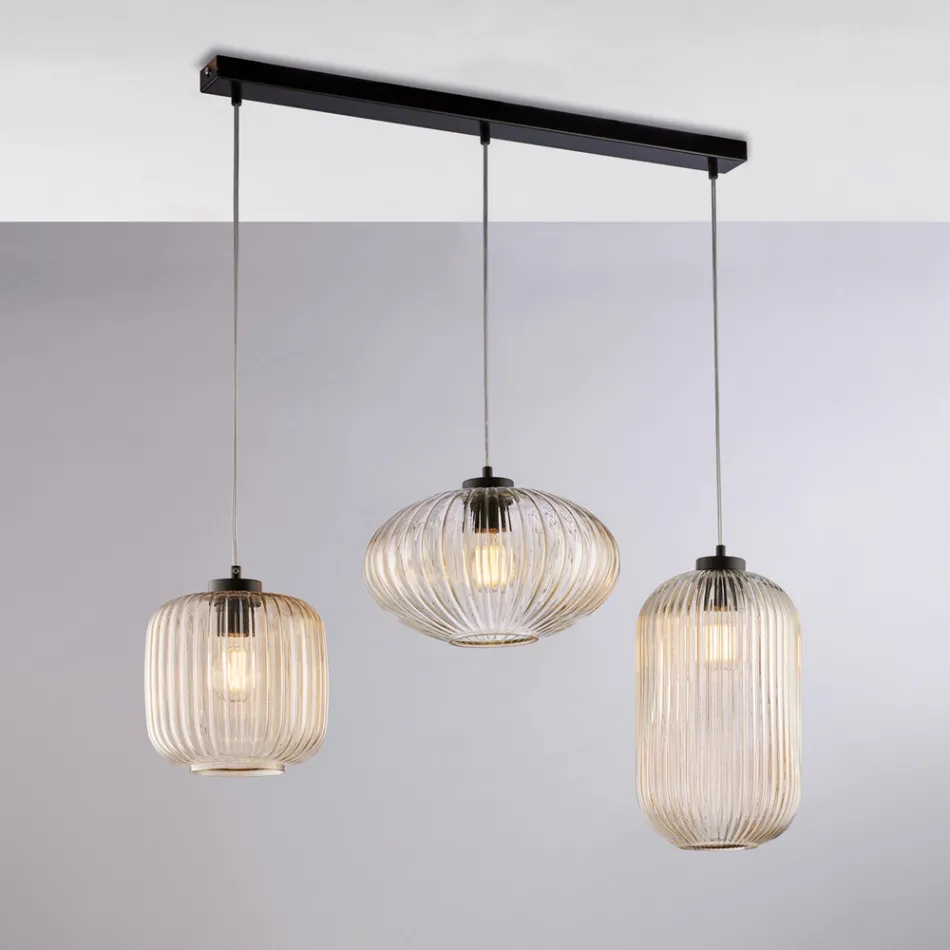 Lampada di Design in Metallo in Vetro Nero 3 Luci per - Tucana Viadurini