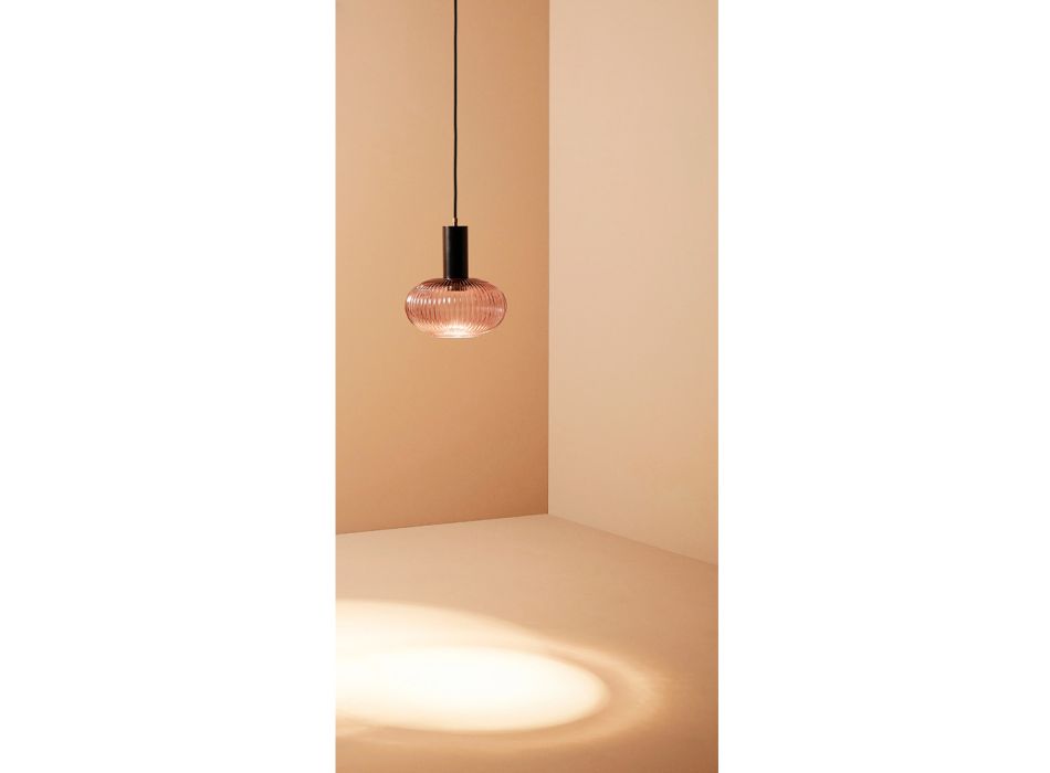 Lampada LED Sospesa in Alluminio Nero e Vetro Rosa Made in Italy - Illumino