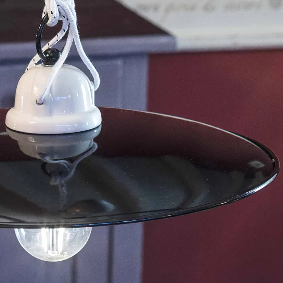 Lampada Saliscendi Sospesa in Ceramica Bianca e Metallo Nero - Potenza Viadurini