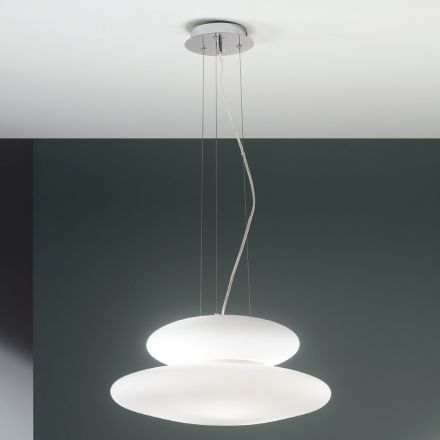 Lampada Sospesa in Vetro Bianco Soffiato e Metallo Cromato - Illumina Viadurini