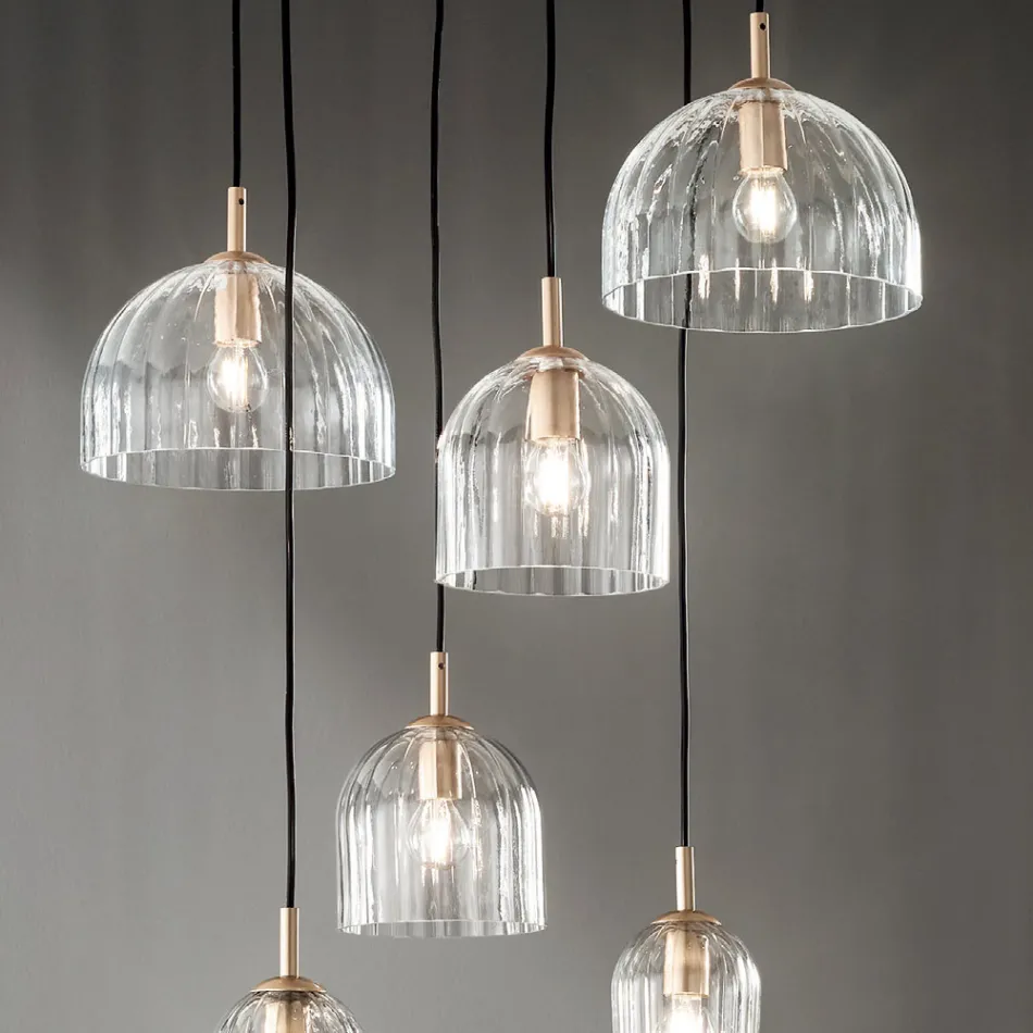 Lampada Sospesa in Vetro Soffiato Rigato e Metallo Verniciato - Giuliano Viadurini