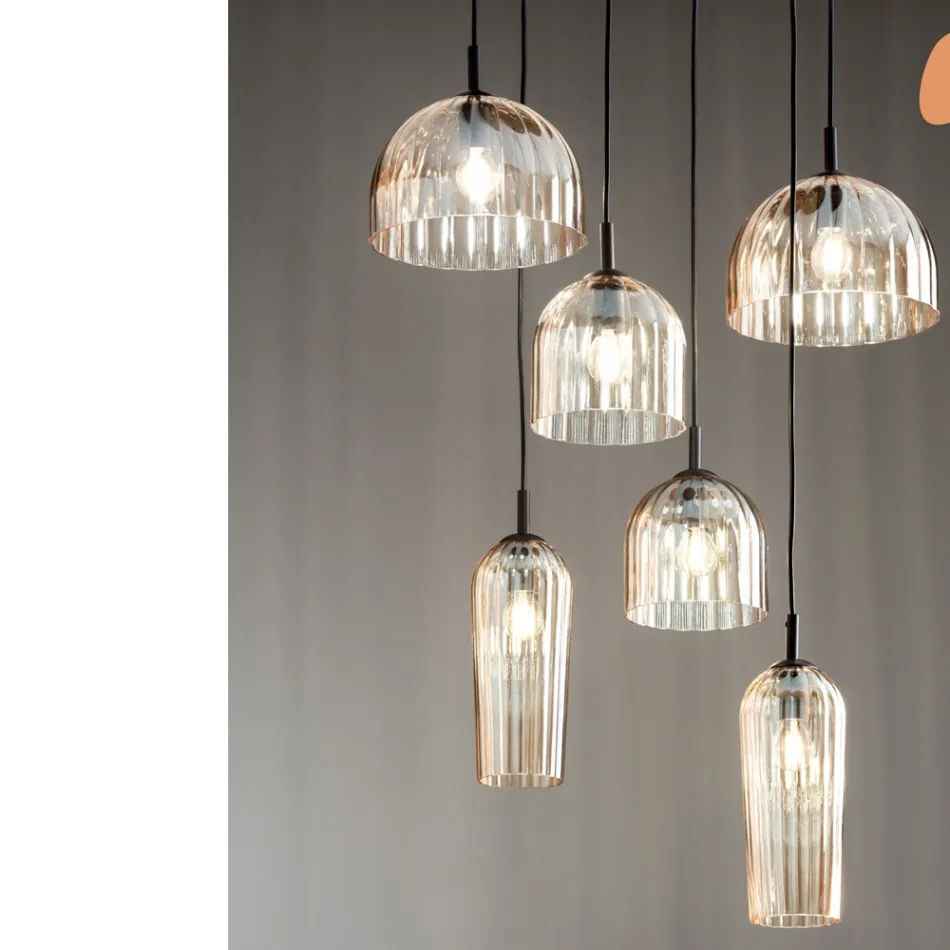 Lampada Sospesa in Vetro Soffiato Rigato e Metallo Verniciato - Giuliano Viadurini