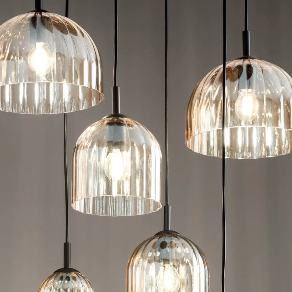 Lampada Sospesa in Vetro Soffiato Rigato e Metallo Verniciato - Giuliano Viadurini