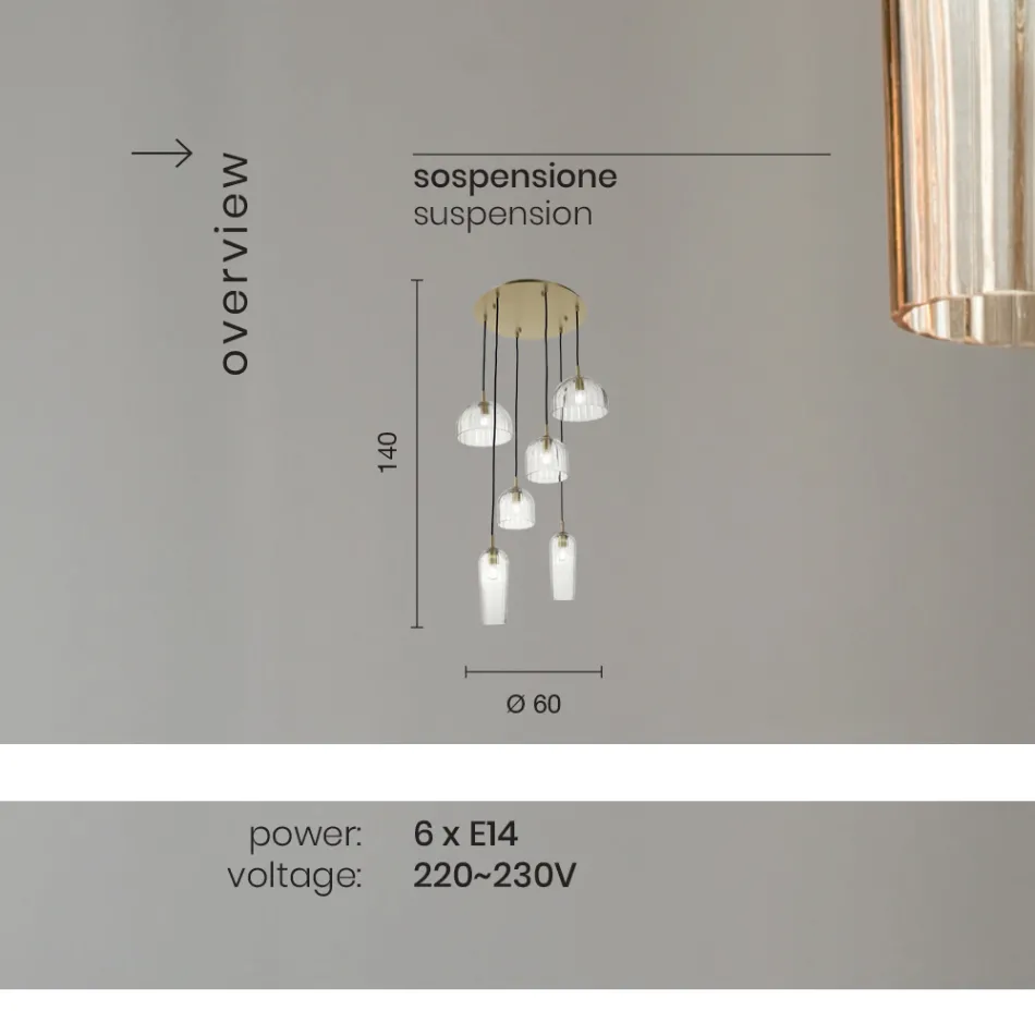 Lampada Sospesa in Vetro Soffiato Rigato e Metallo Verniciato - Giuliano Viadurini